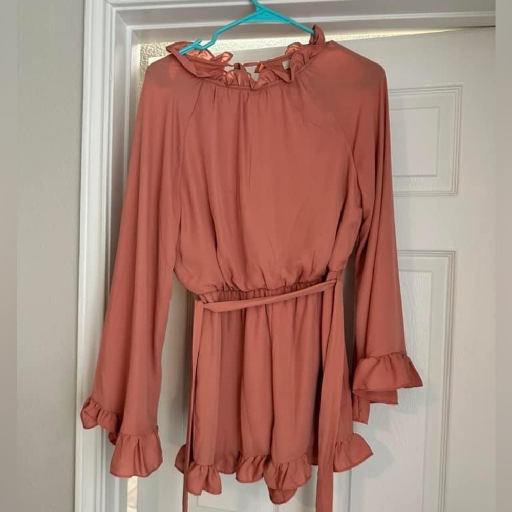 Rose color long sleeve romper with ruffle